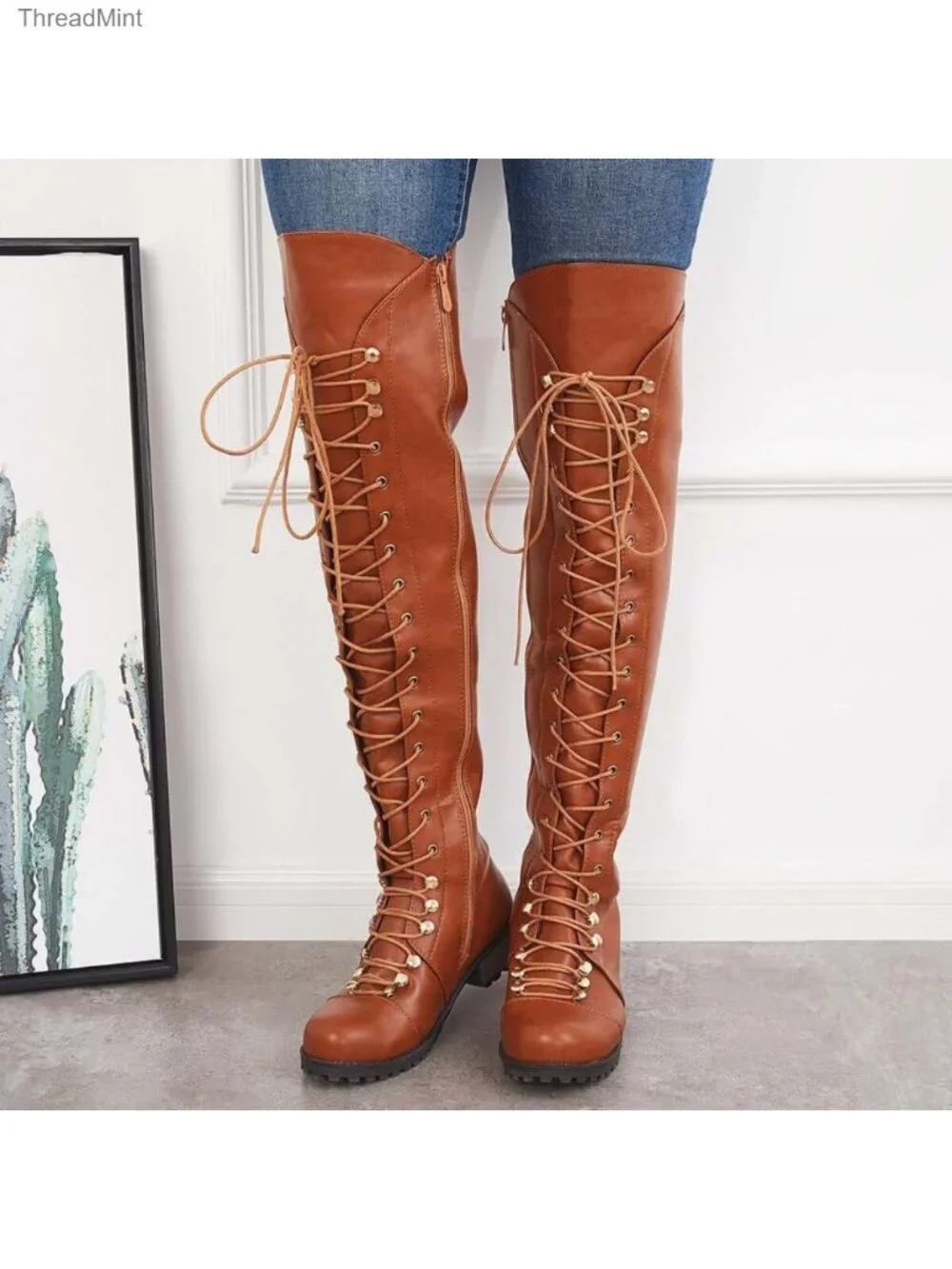 Over The Knee Boots Lace-up Flat Long Boot PU Leather Riding Boot Women